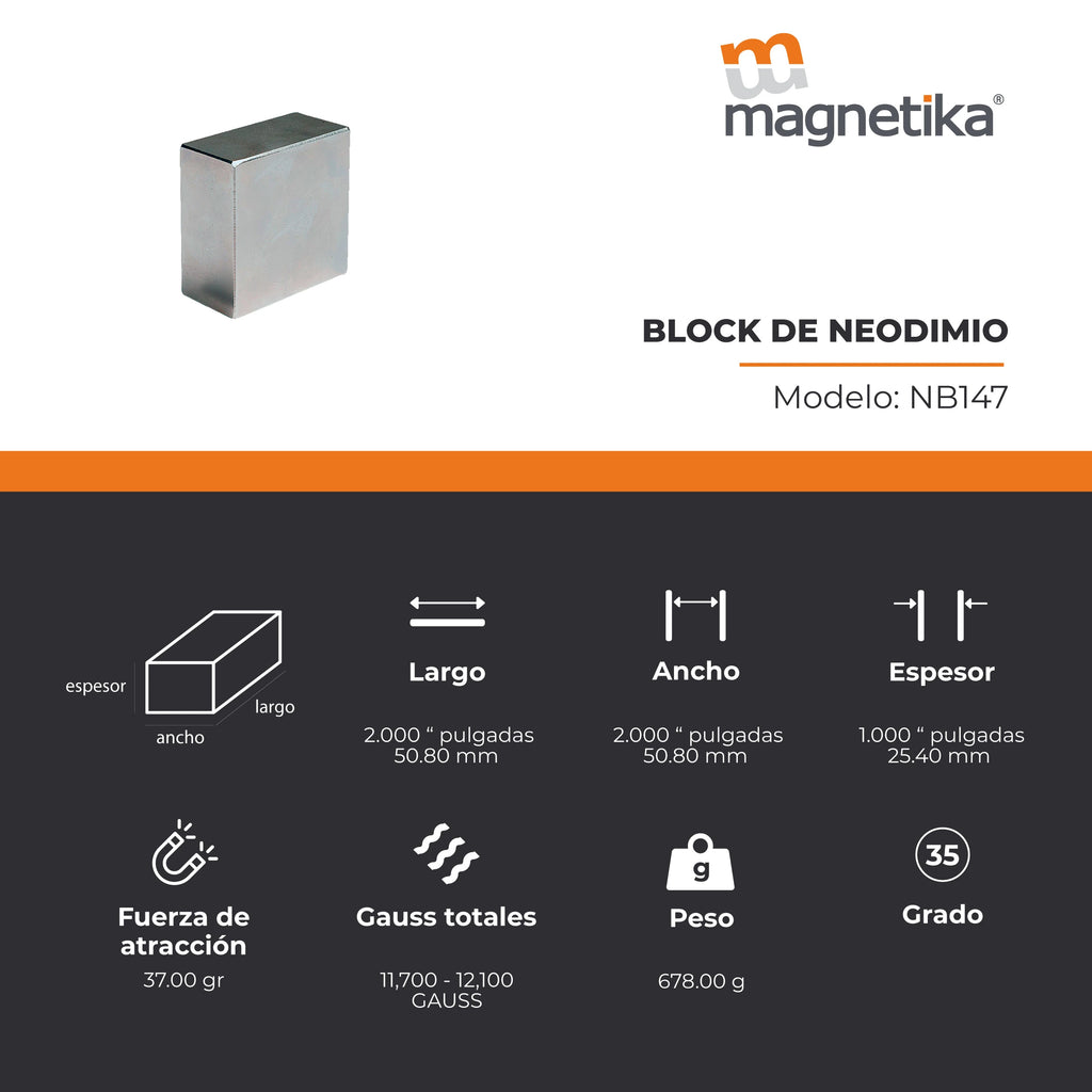 Imán de Neodimio Block 2 x 2 x 1 in