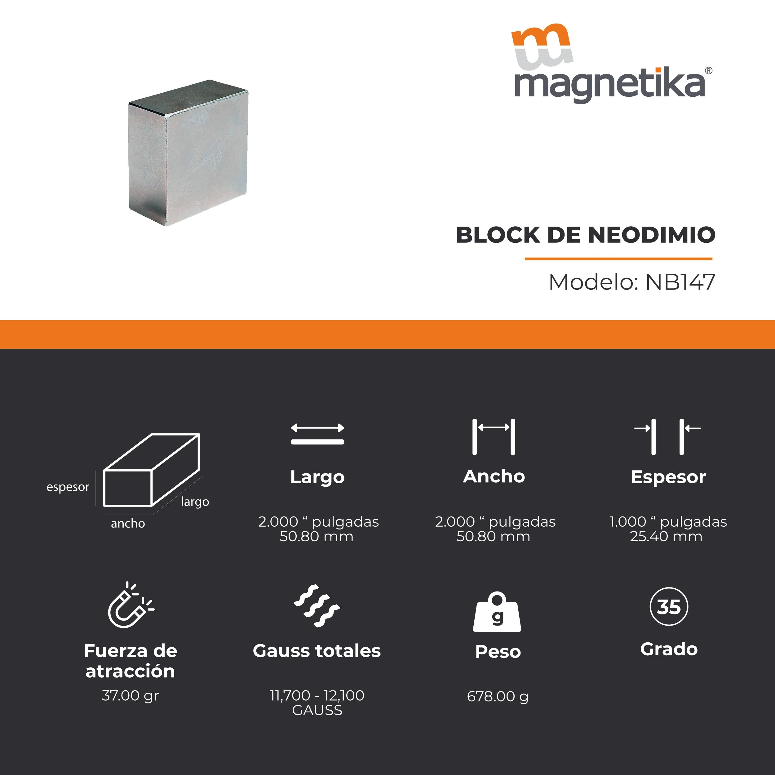 Imán de Neodimio Block 2 x 2 x 1 in