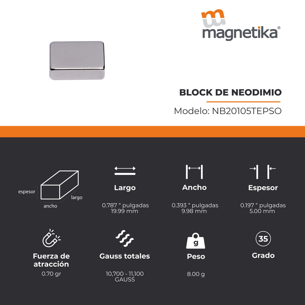 Imán de Neodimio Block 0.787 x 0.393 x 0.197 in