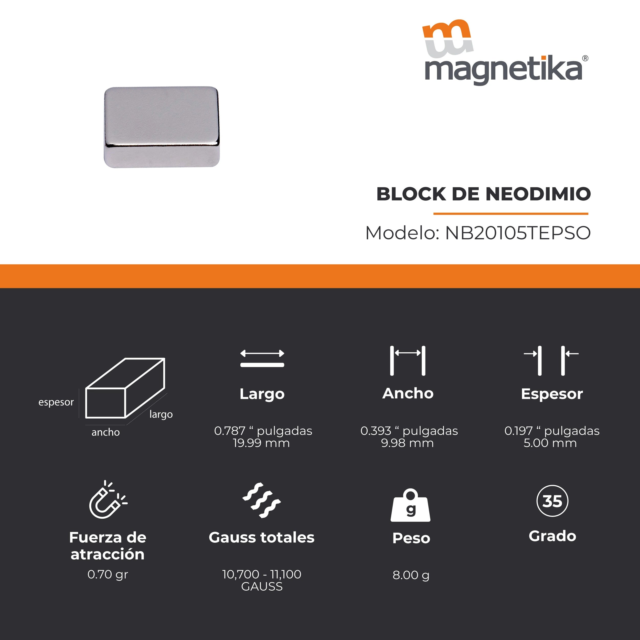 Imán de Neodimio Block 0.787 x 0.393 x 0.197 in