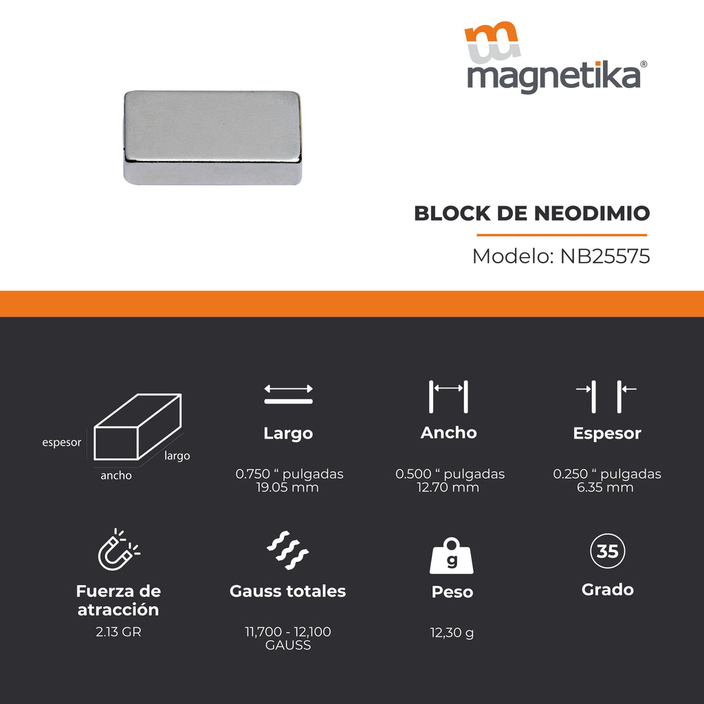 Imán de Neodimio Block 0.75 x 0.5 x 0.25 in