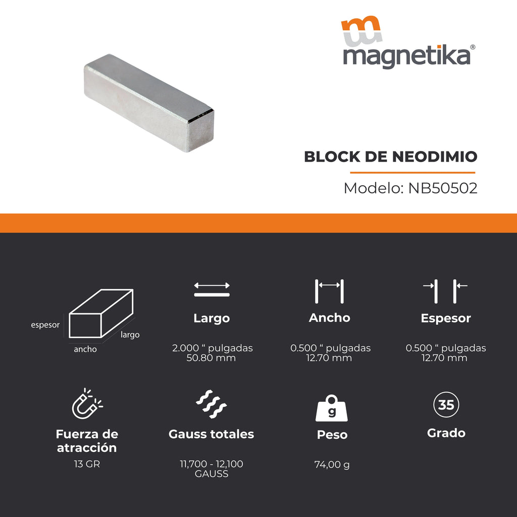 Imán de Neodimio Block 2 x 0.5 x 0.5 in