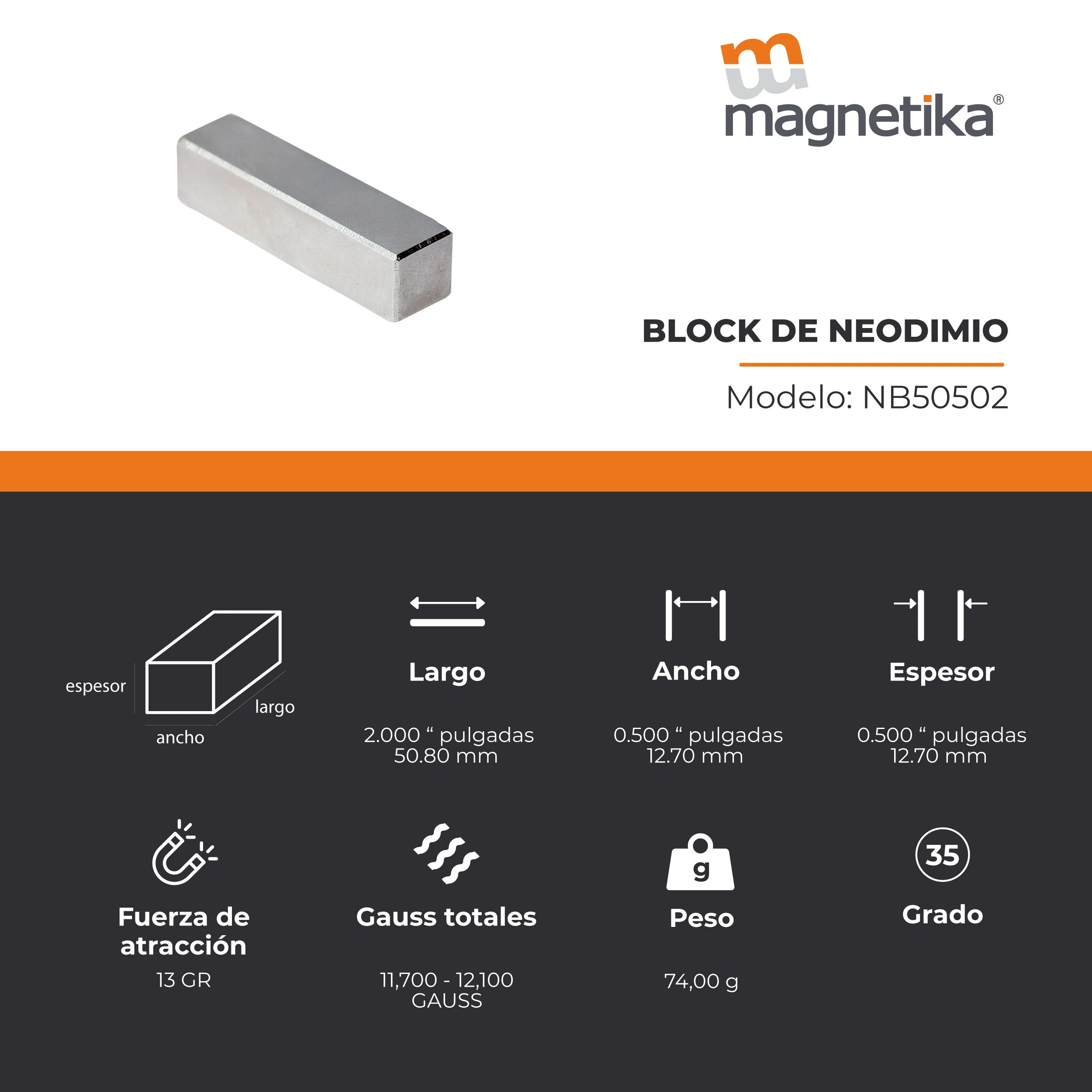 Imán de Neodimio Block 2 x 0.5 x 0.5 in