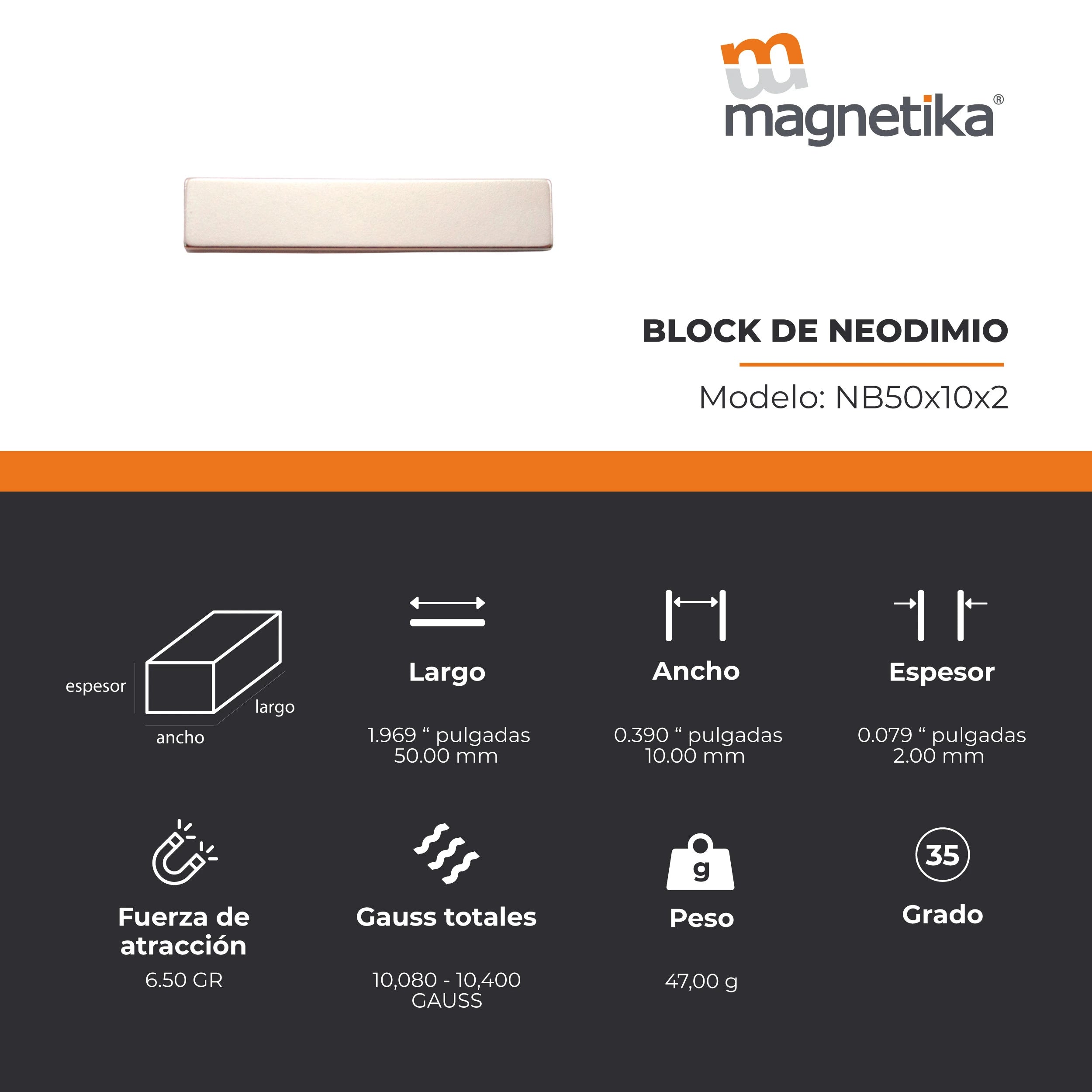 Imán de Neodimio Block 1.969 x 0.39 x 0.079 in