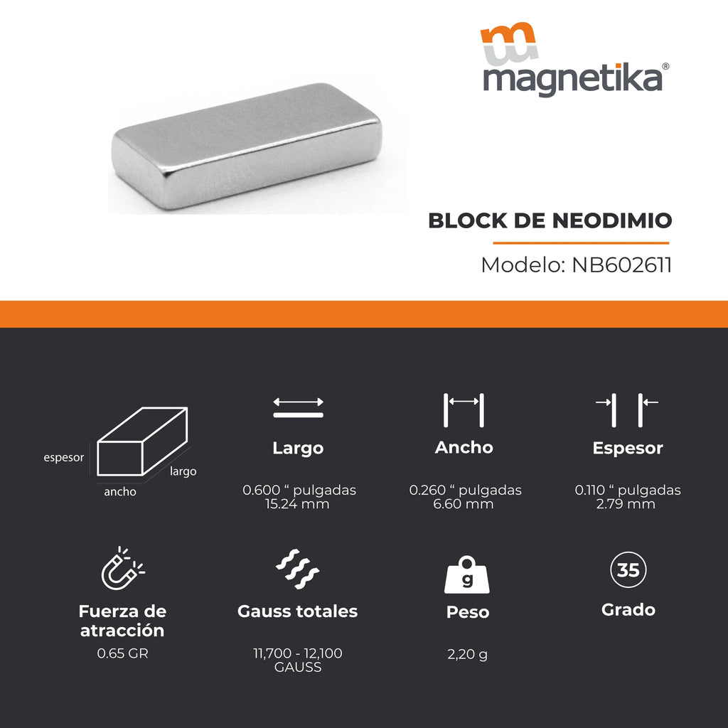 Imán de Neodimio Block 0.6 x 0.26 x 0.11 in