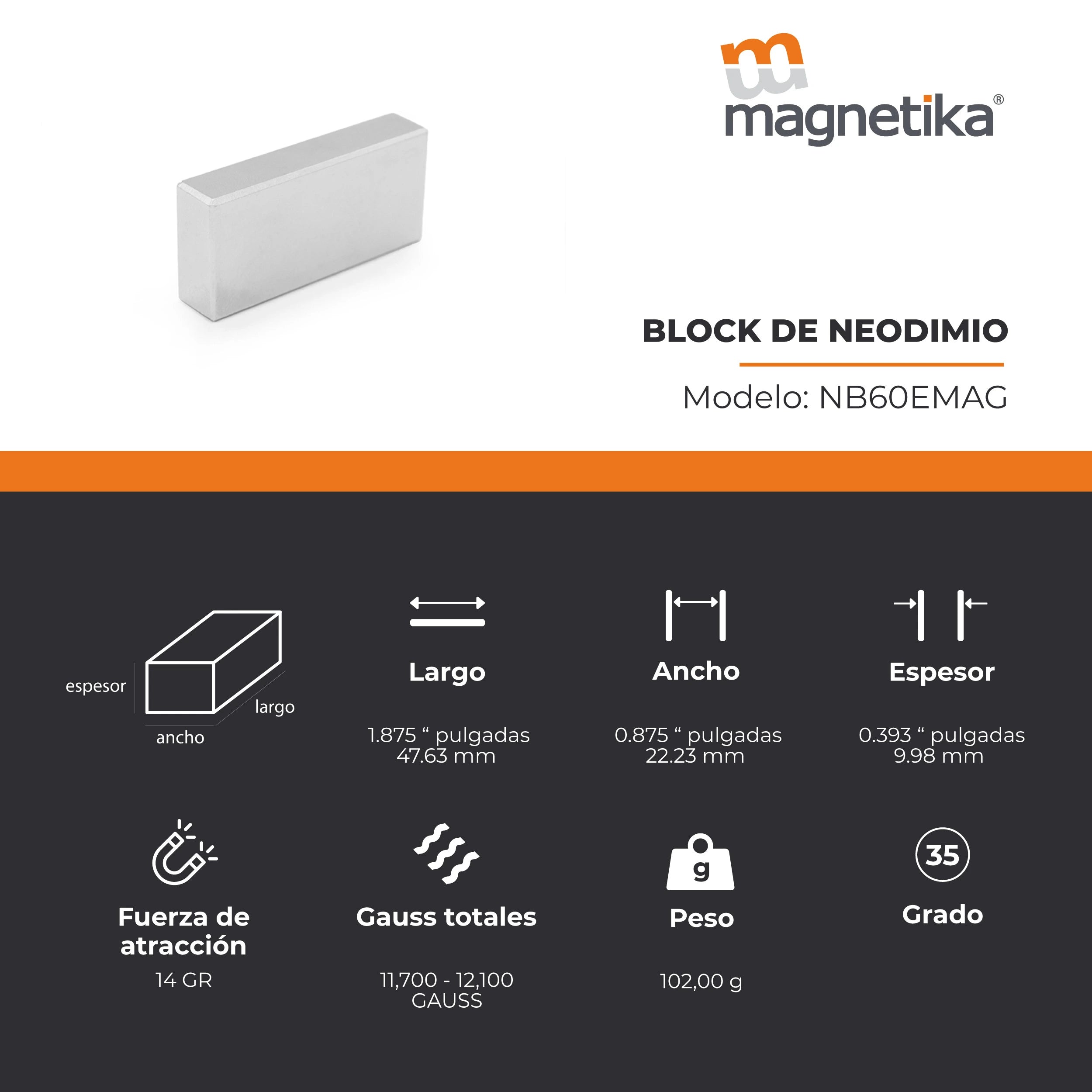 Imán de Neodimio Block 1.875 x 0.875 x 0.393 in