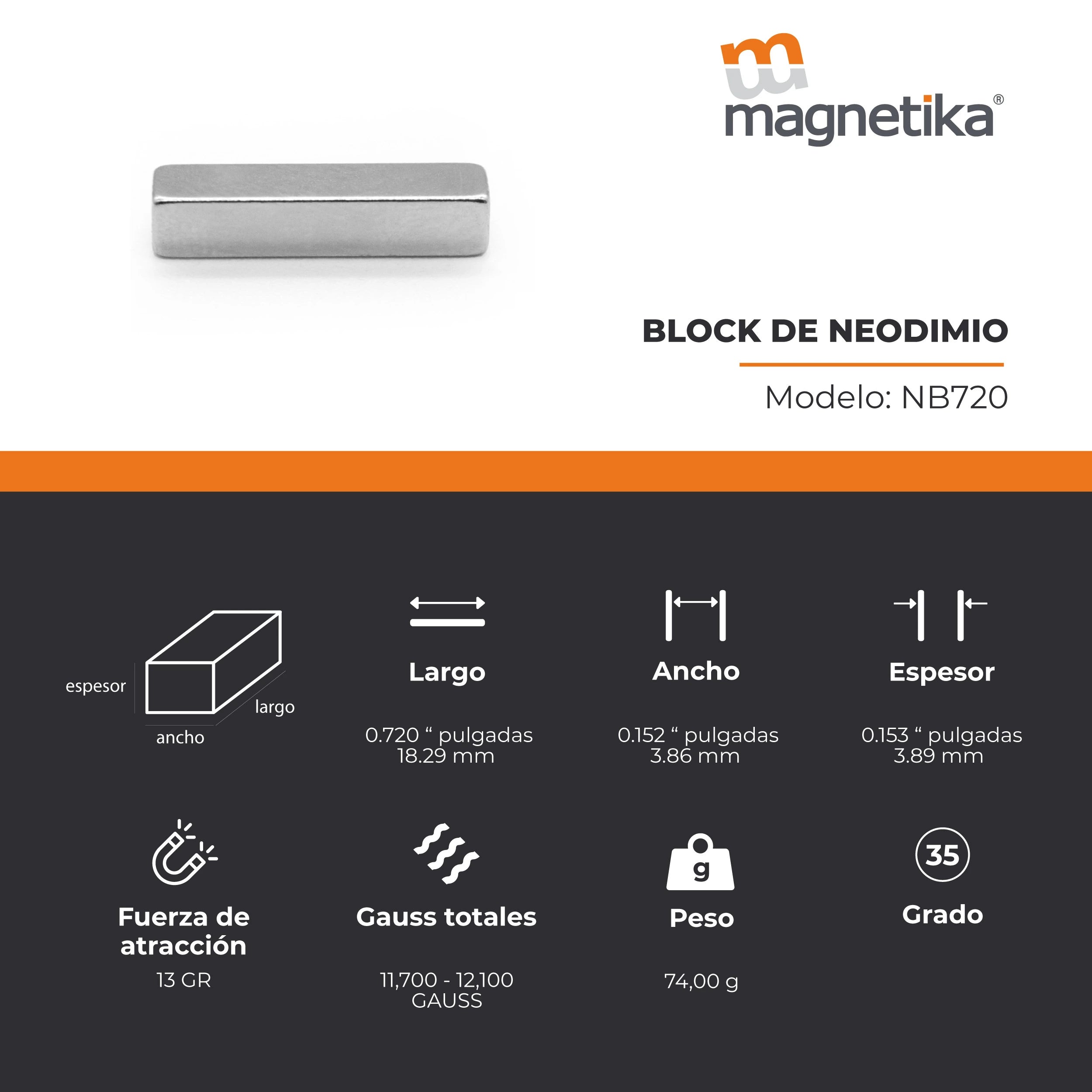 Imán de Neodimio Block 0.72 x 0.152 x 0.153 in