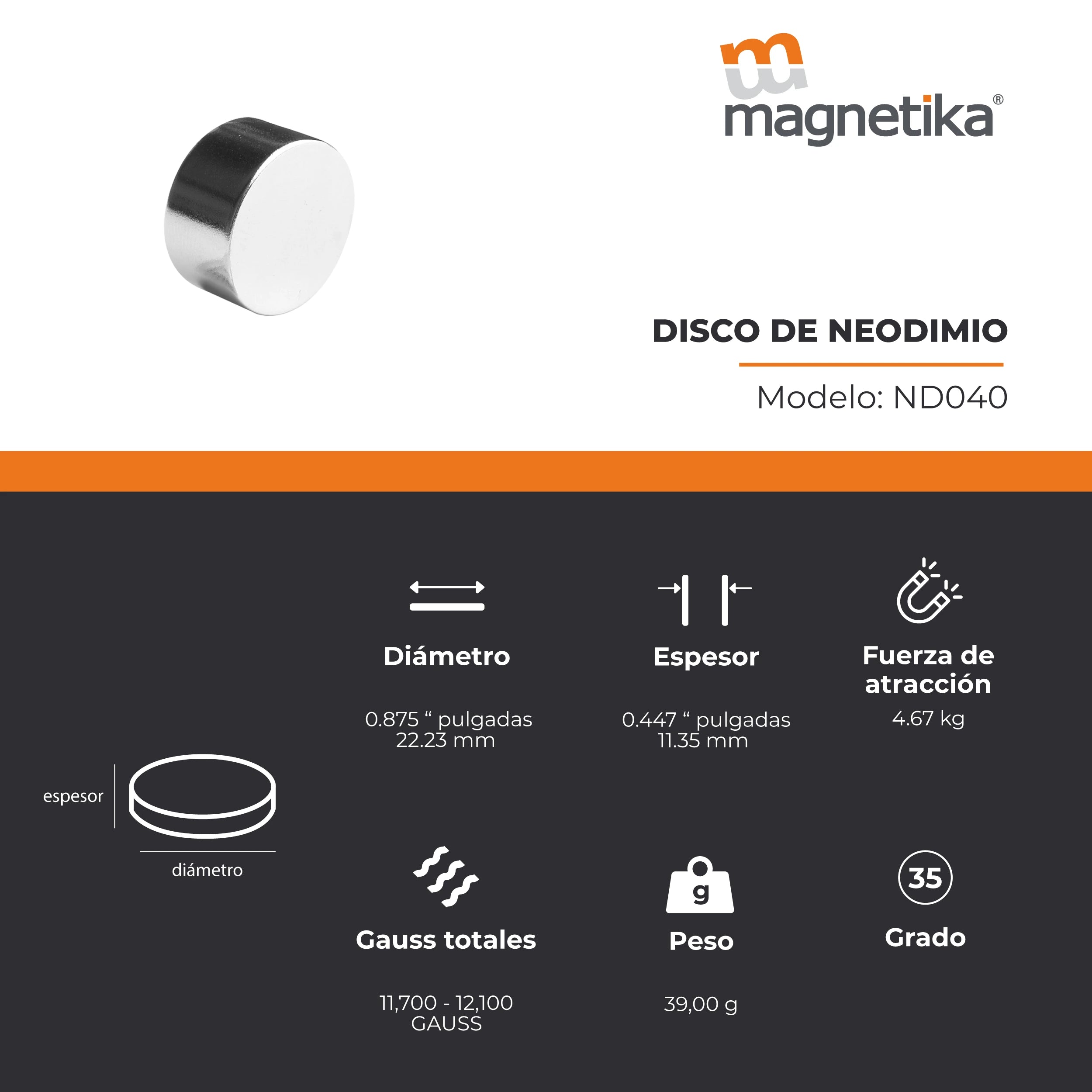 Imán de Neodimio Disco  0.875 x 0.45 in