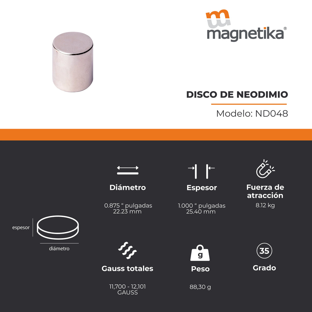 Imán de Neodimio Disco 0.875 x 1 in