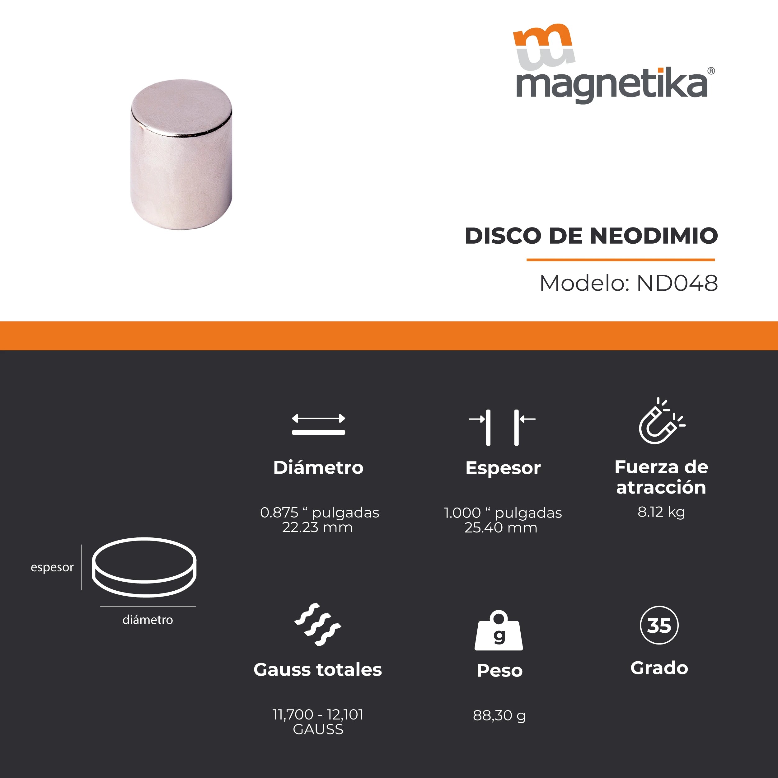 Imán de Neodimio Disco 0.875 x 1 in