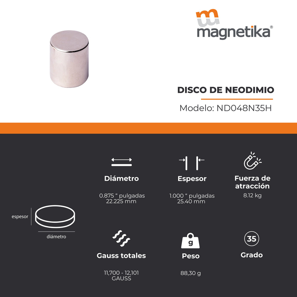 Imán de Neodimio Disco 0.875 x 1 in