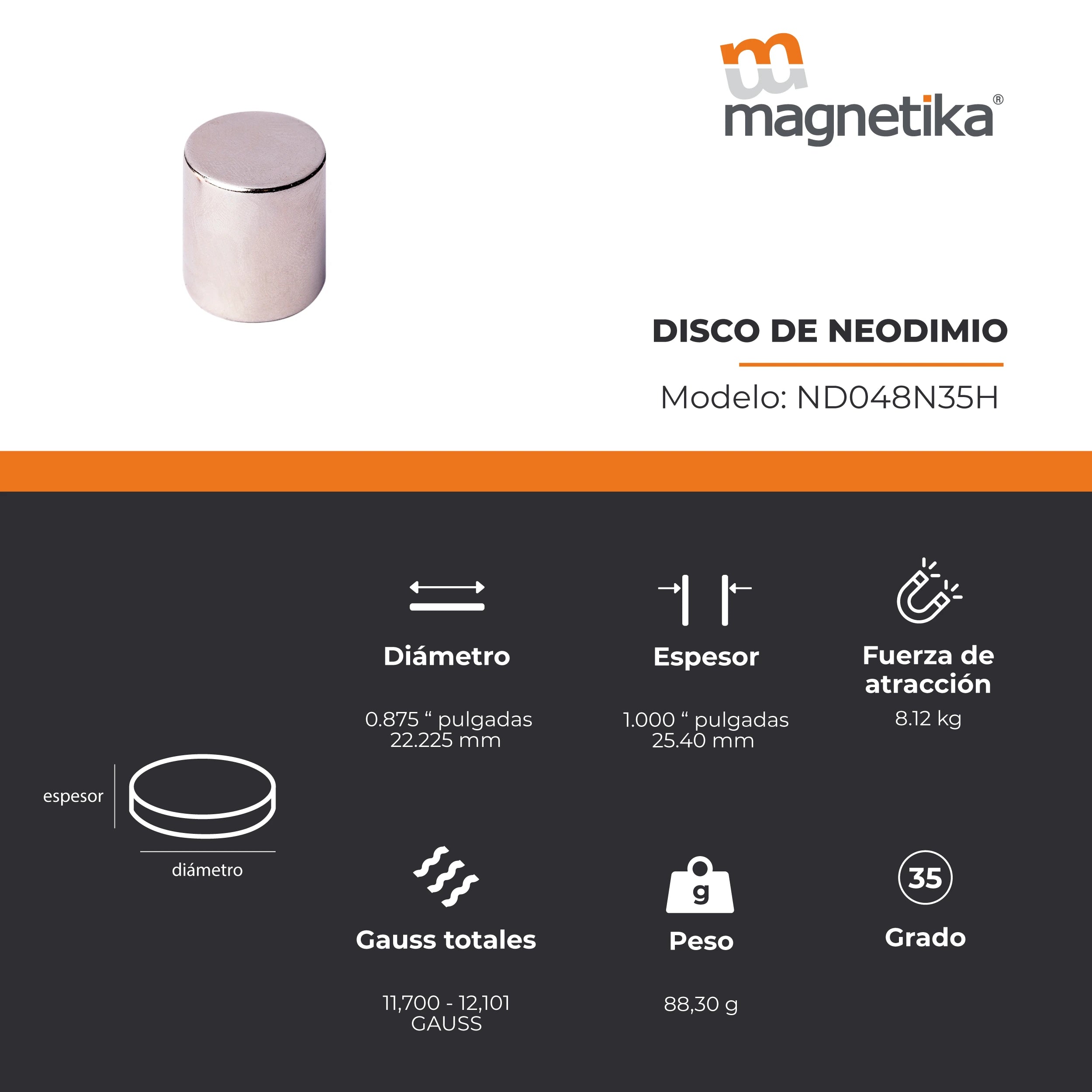 Imán de Neodimio Disco 0.875 x 1 in