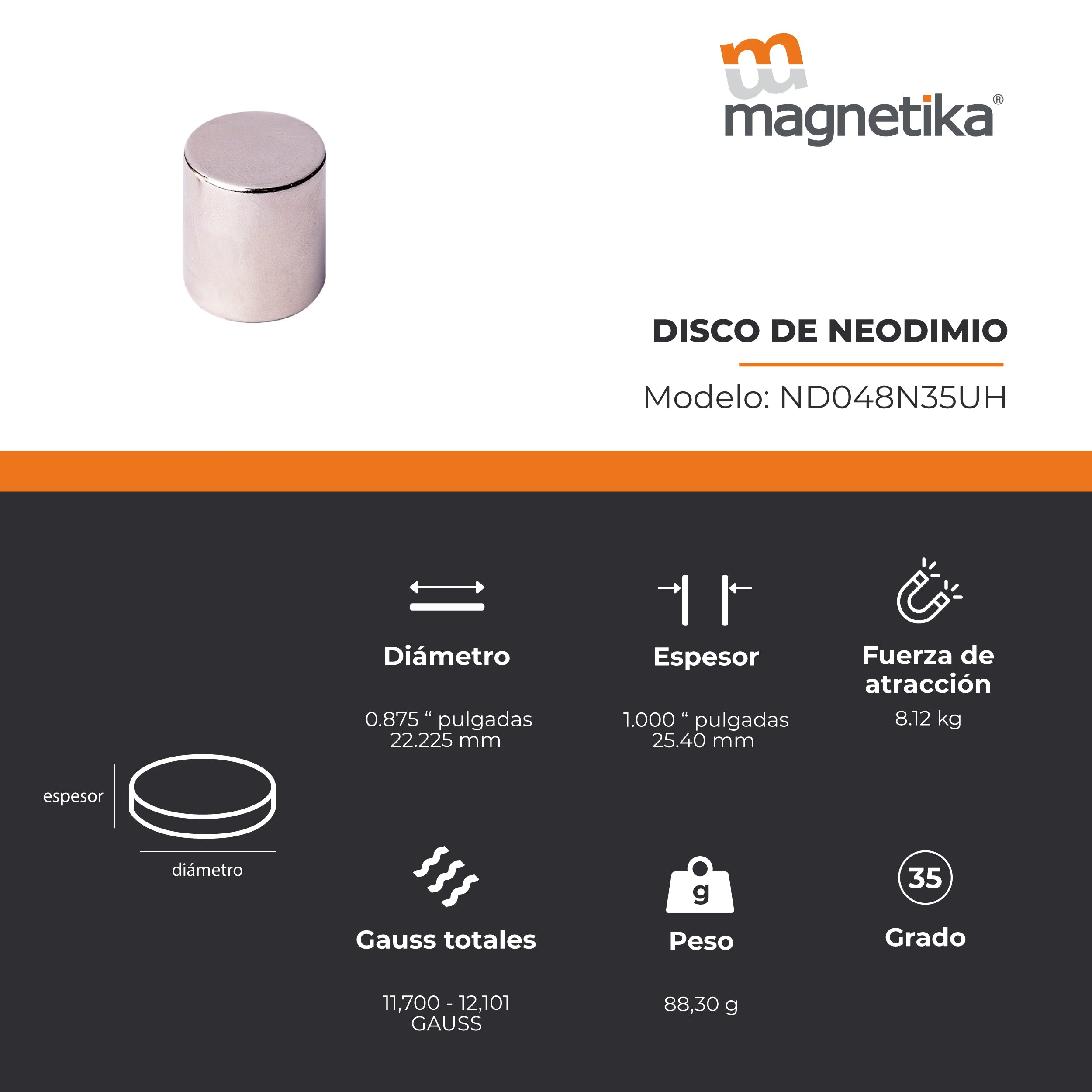 Imán de Neodimio Disco 0.875 x 1 in