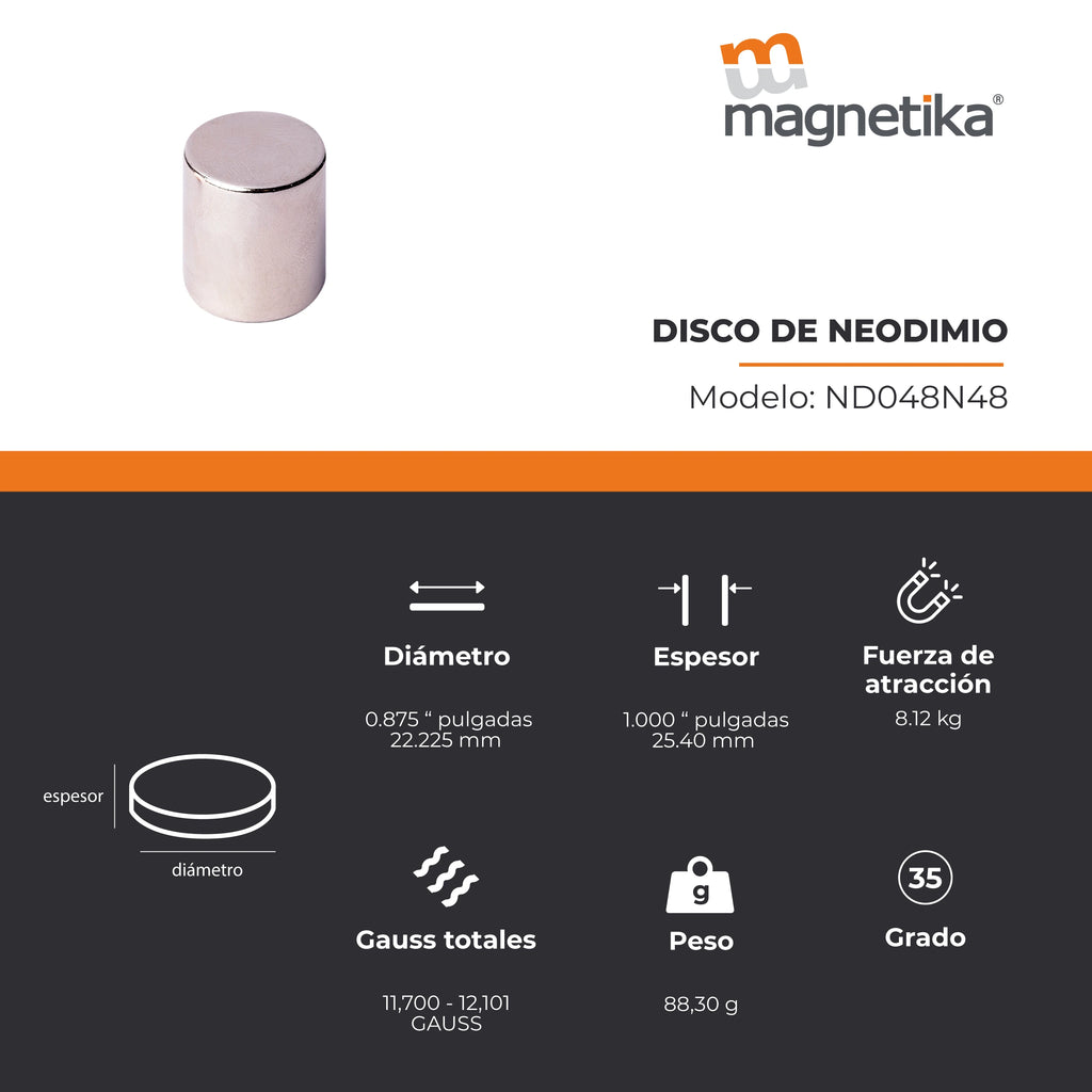 Imán de Neodimio Disco 0.875 x 1 in