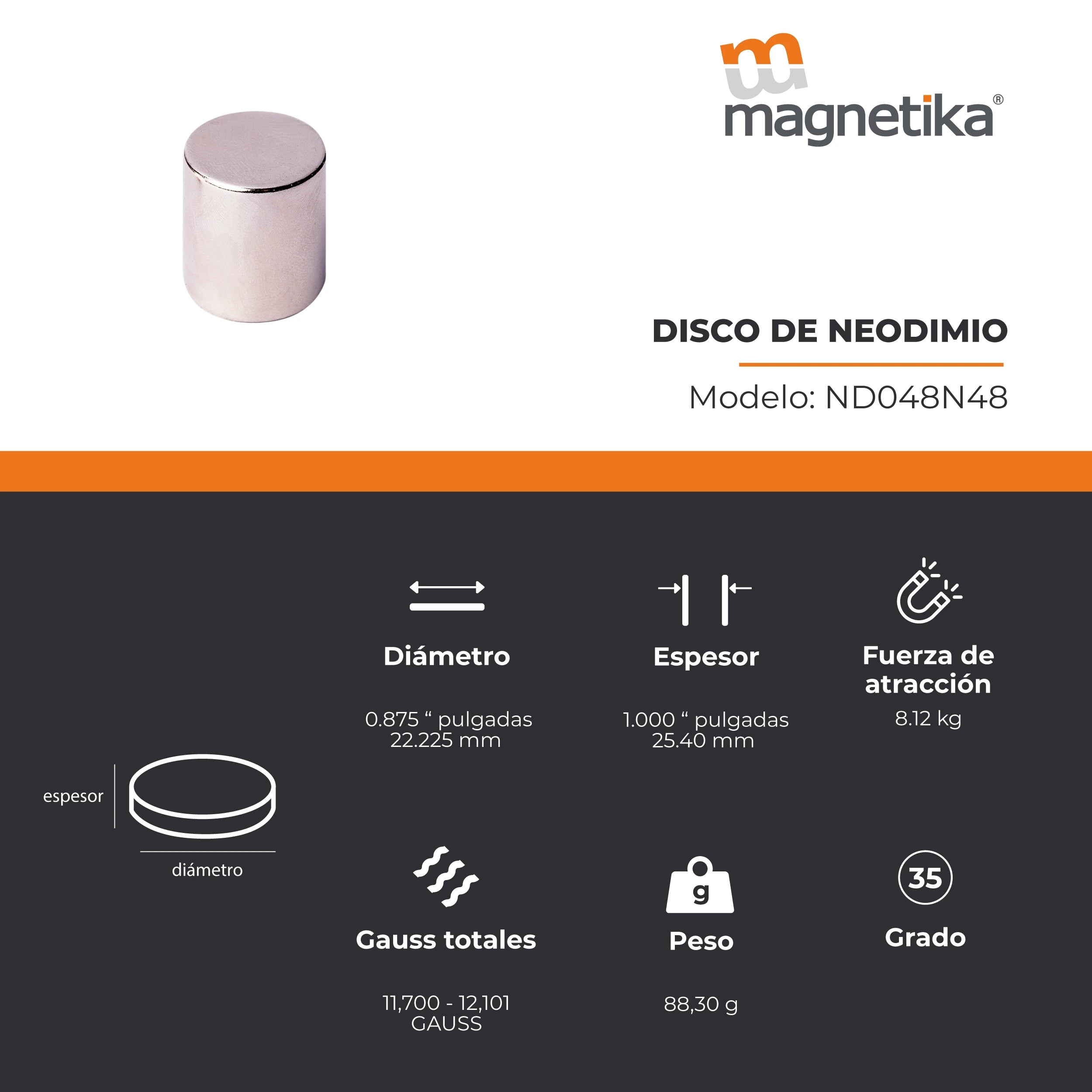 Imán de Neodimio Disco 0.875 x 1 in