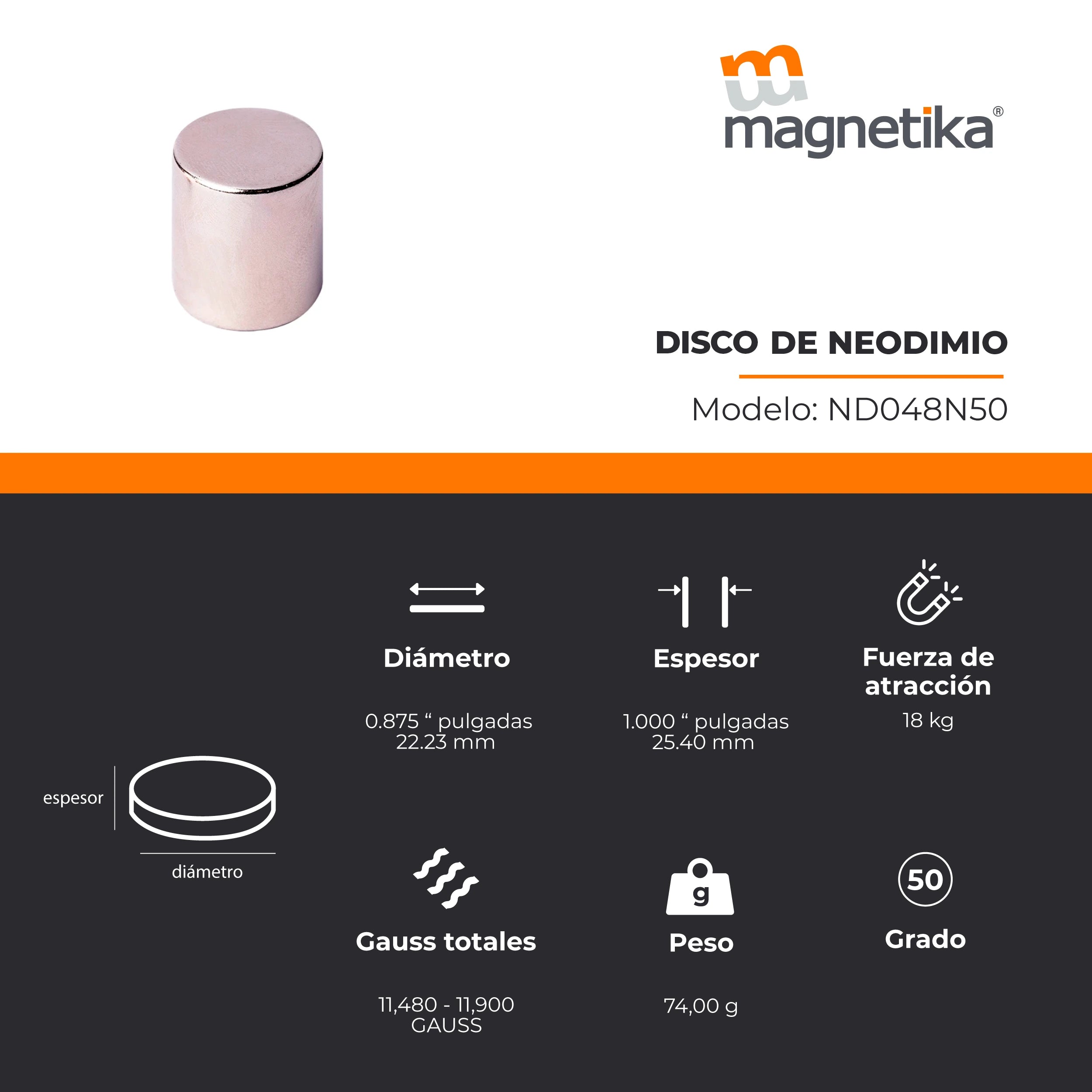 Imán de Neodimio Disco 0.875 x 1 in