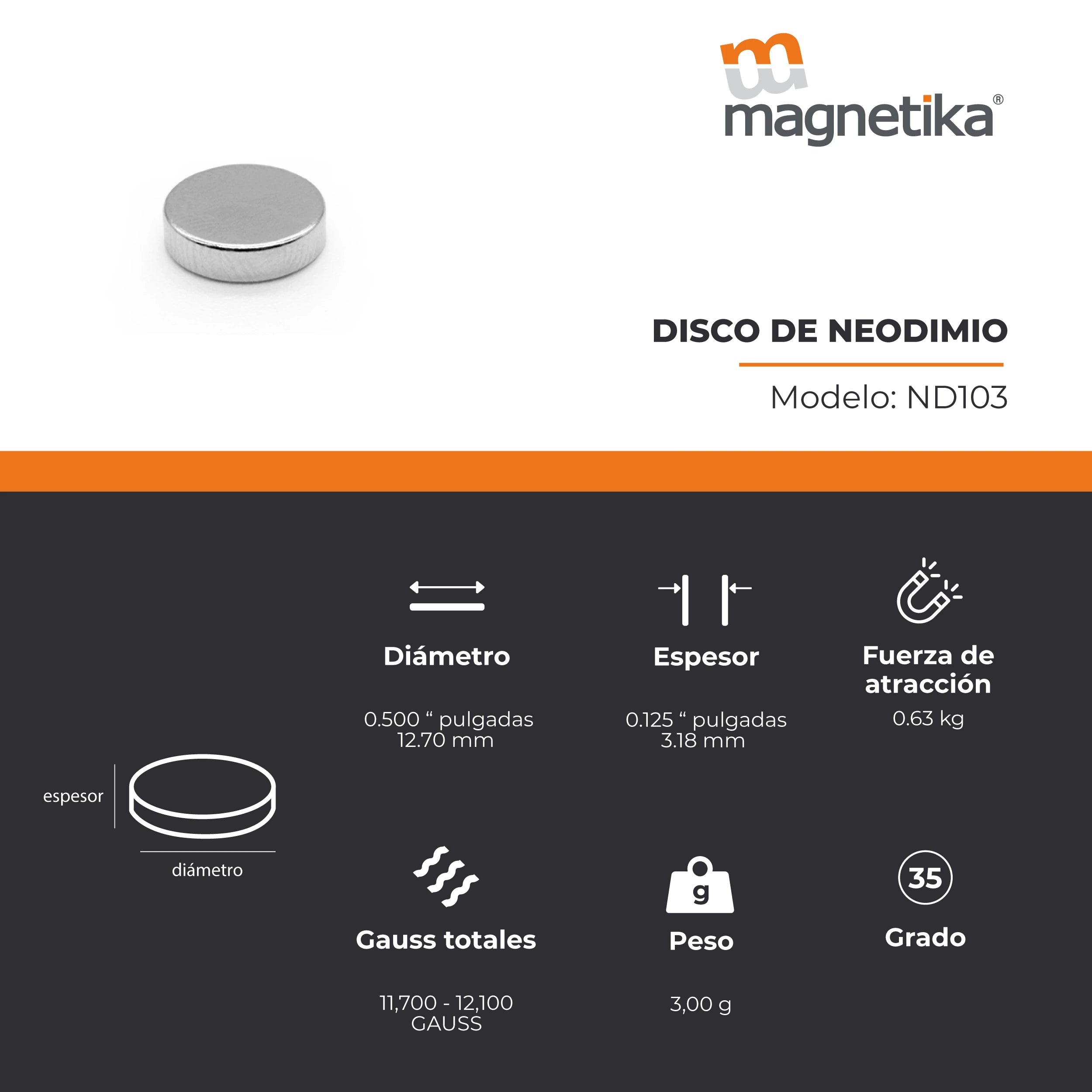 Imán de Neodimio Disco 0.5 x 0.125 in