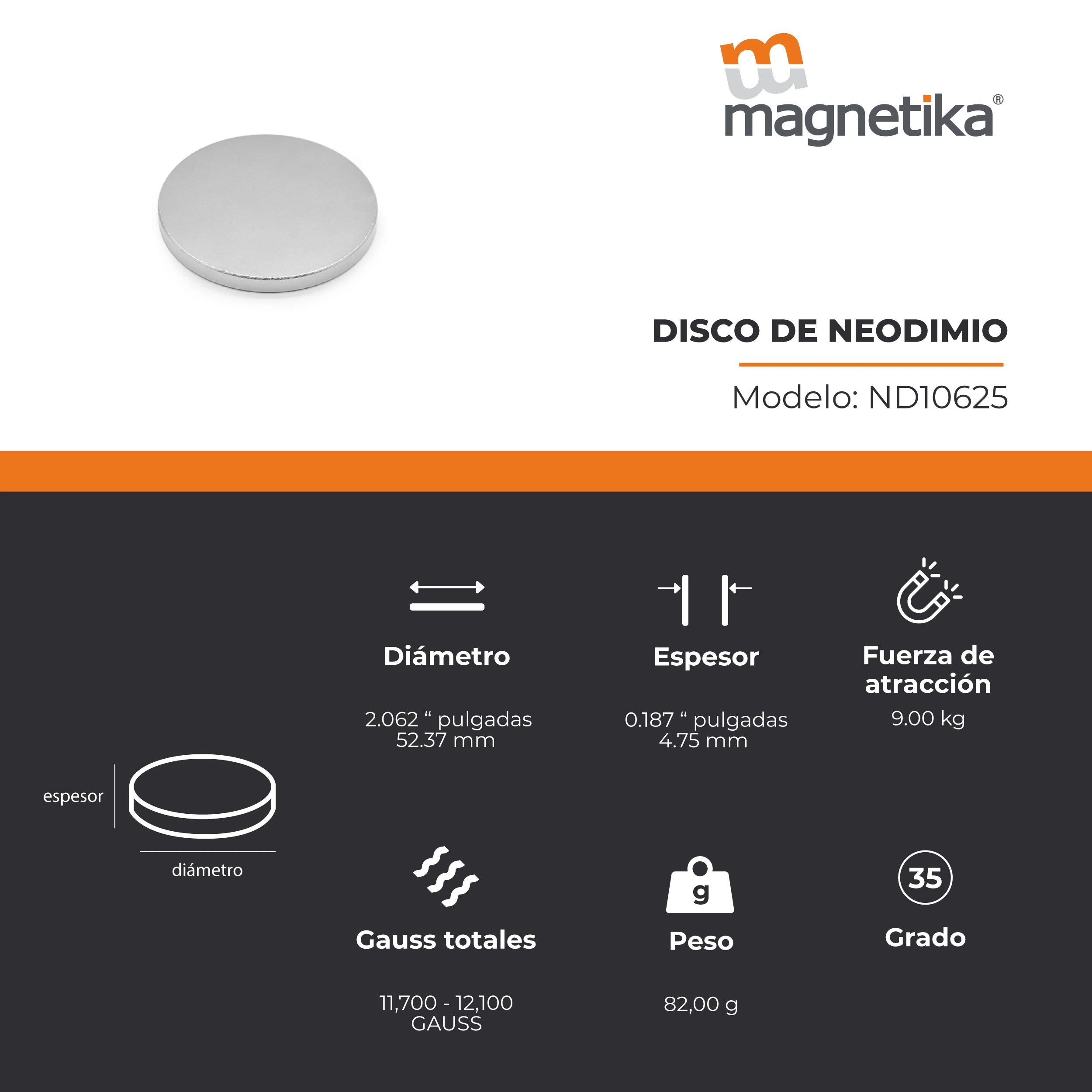 Imán de Neodimio Disco 2.062 x 0.187 in