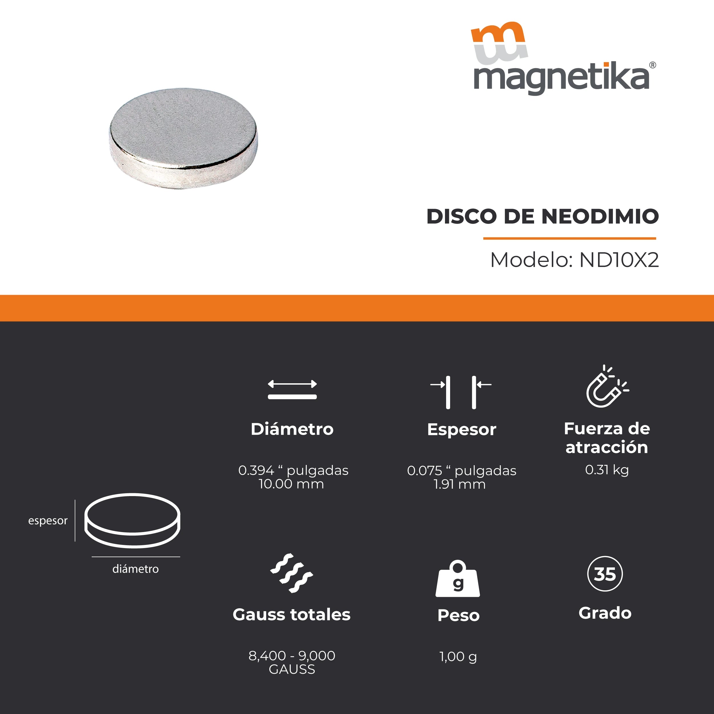 Imán de Neodimio Disco 0.394 x 0.079 in