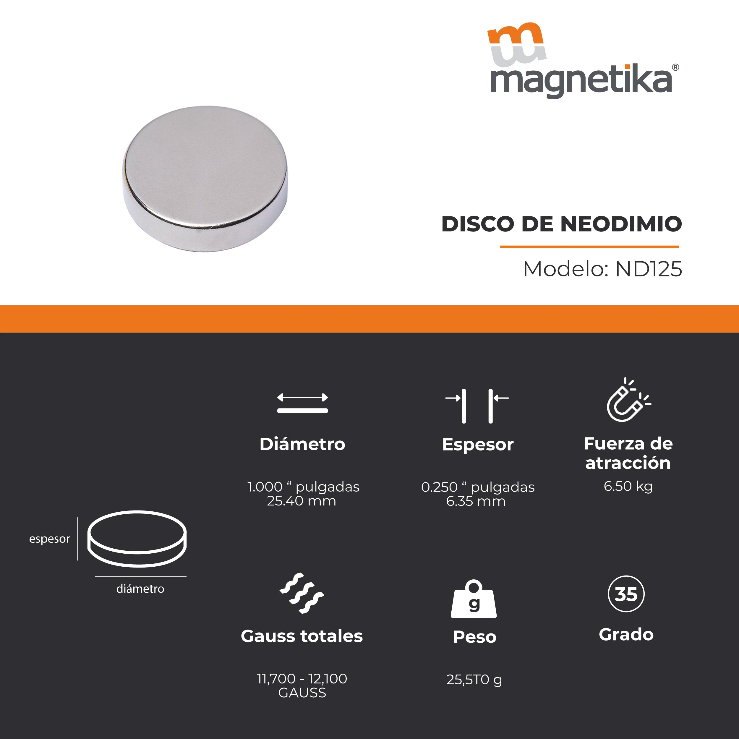 Imán de Neodimio Disco 1 x 0.25 in