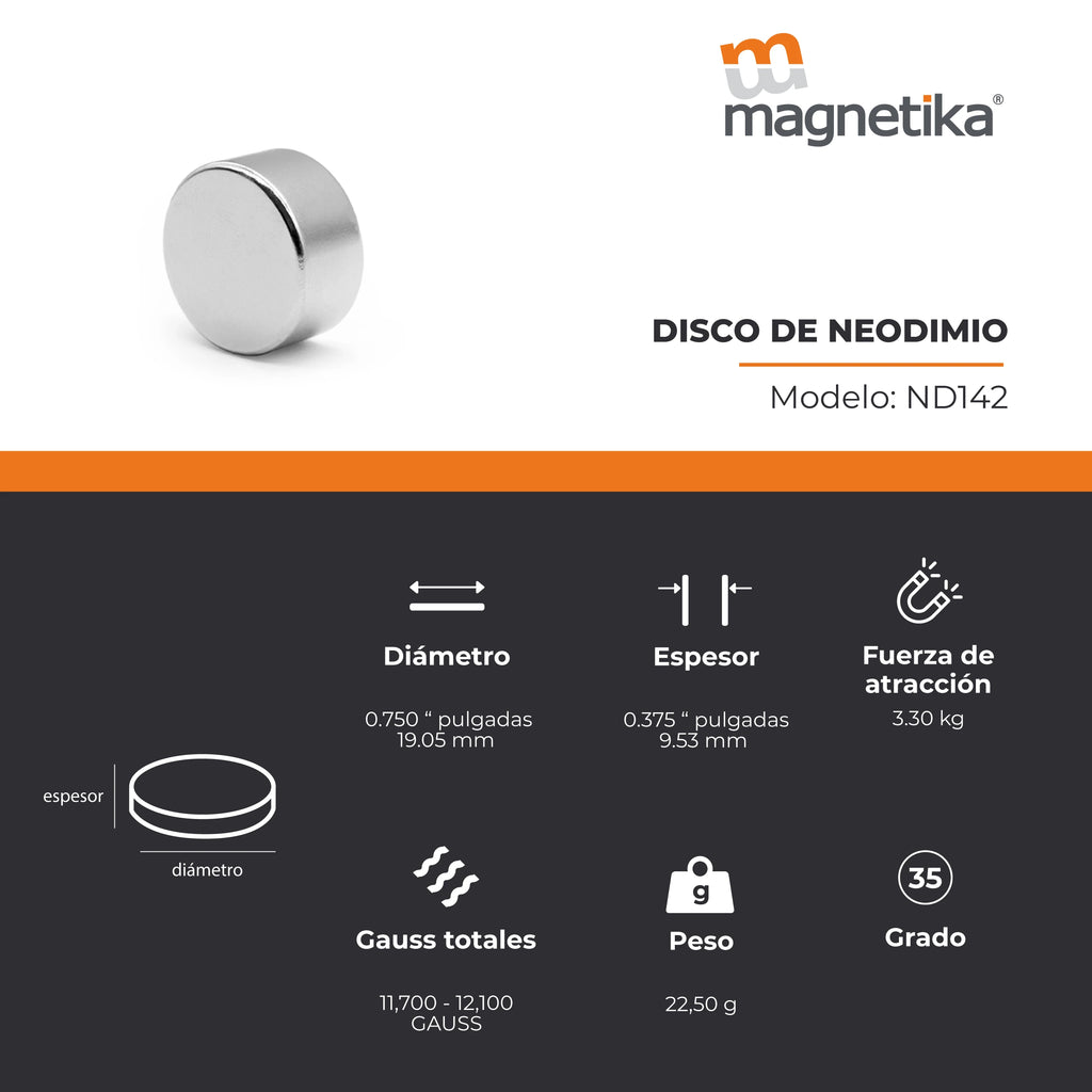 Imán de Neodimio Disco 0.75 x 0.375 in