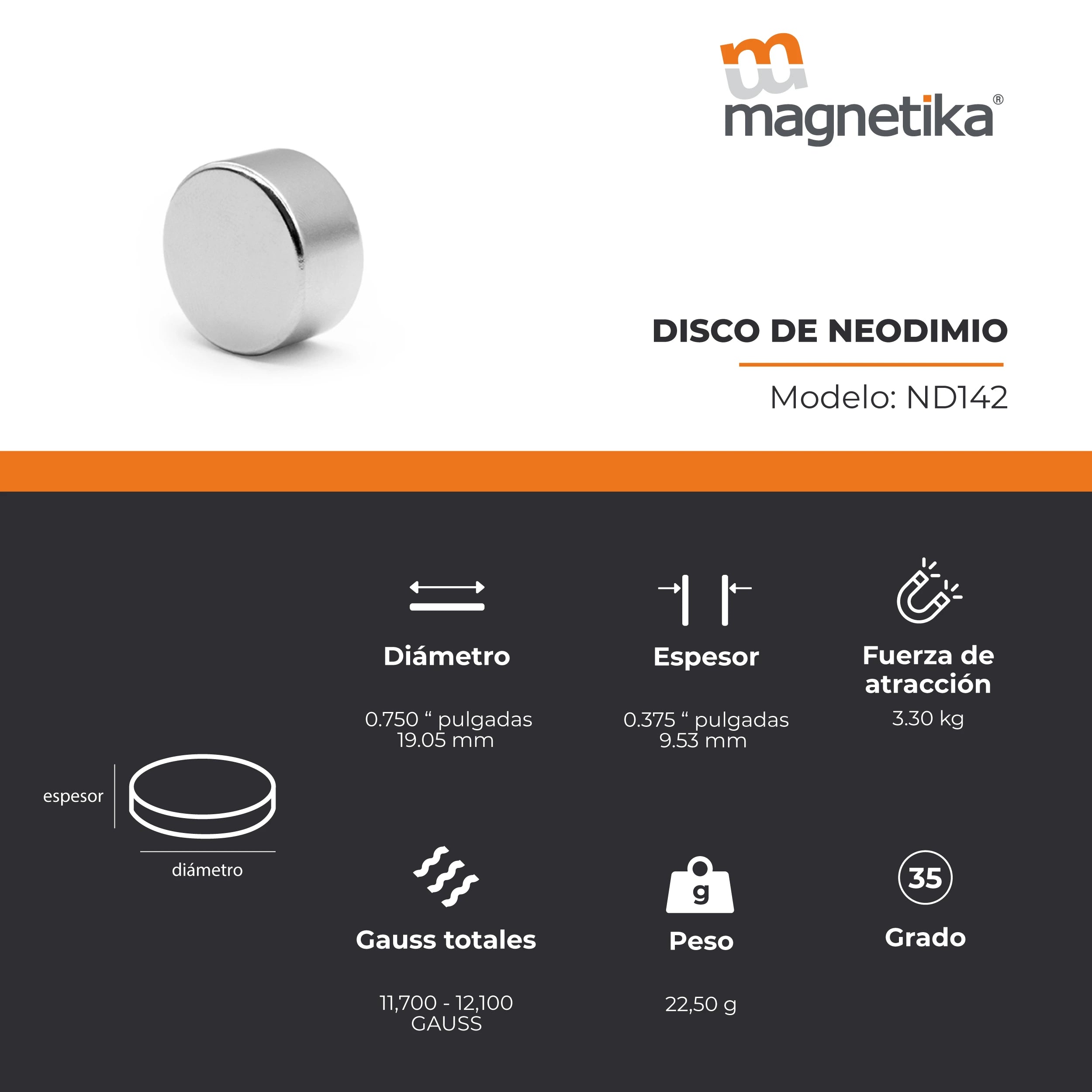 Imán de Neodimio Disco 0.75 x 0.375 in