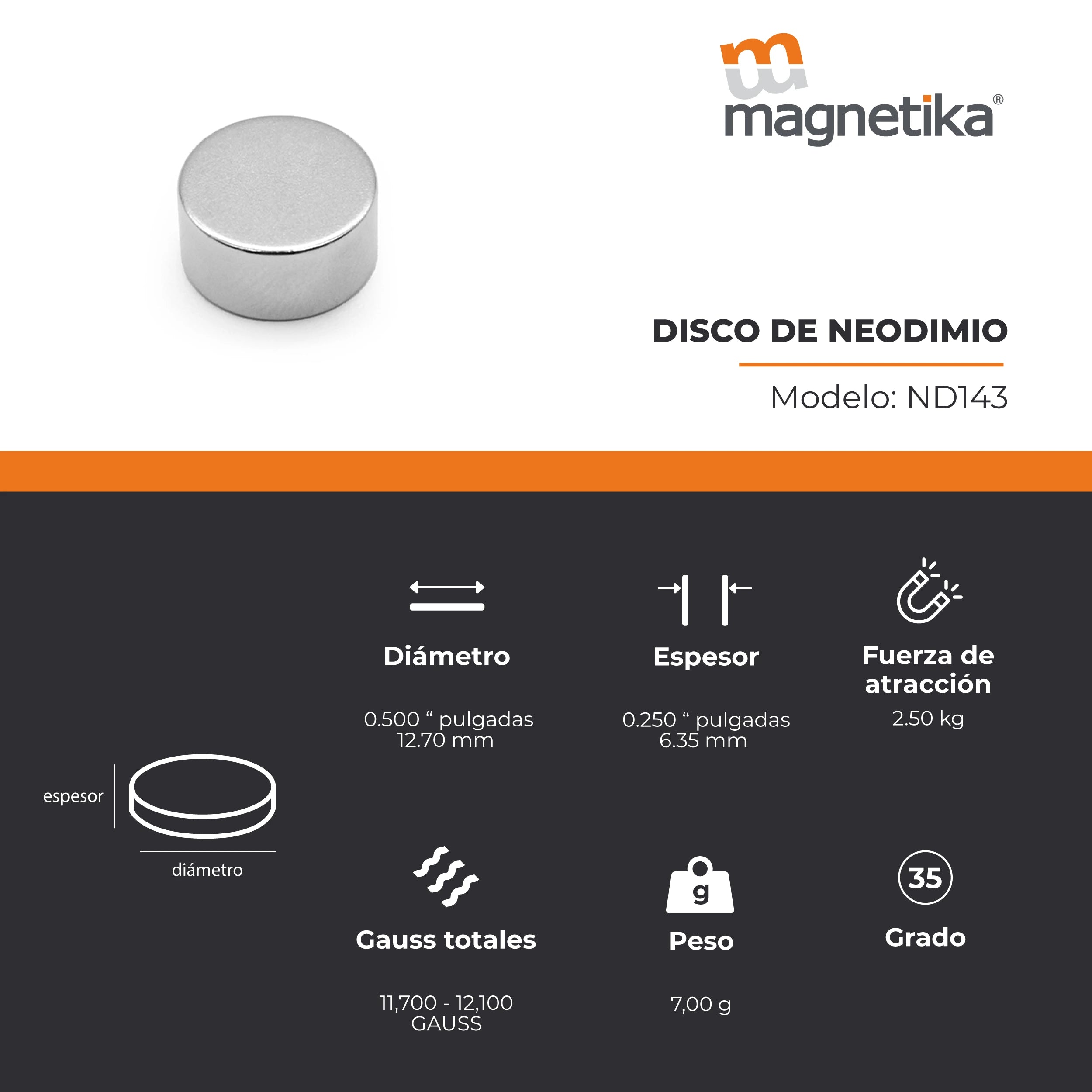 Imán de Neodimio Disco 0.5 x 0.25 in