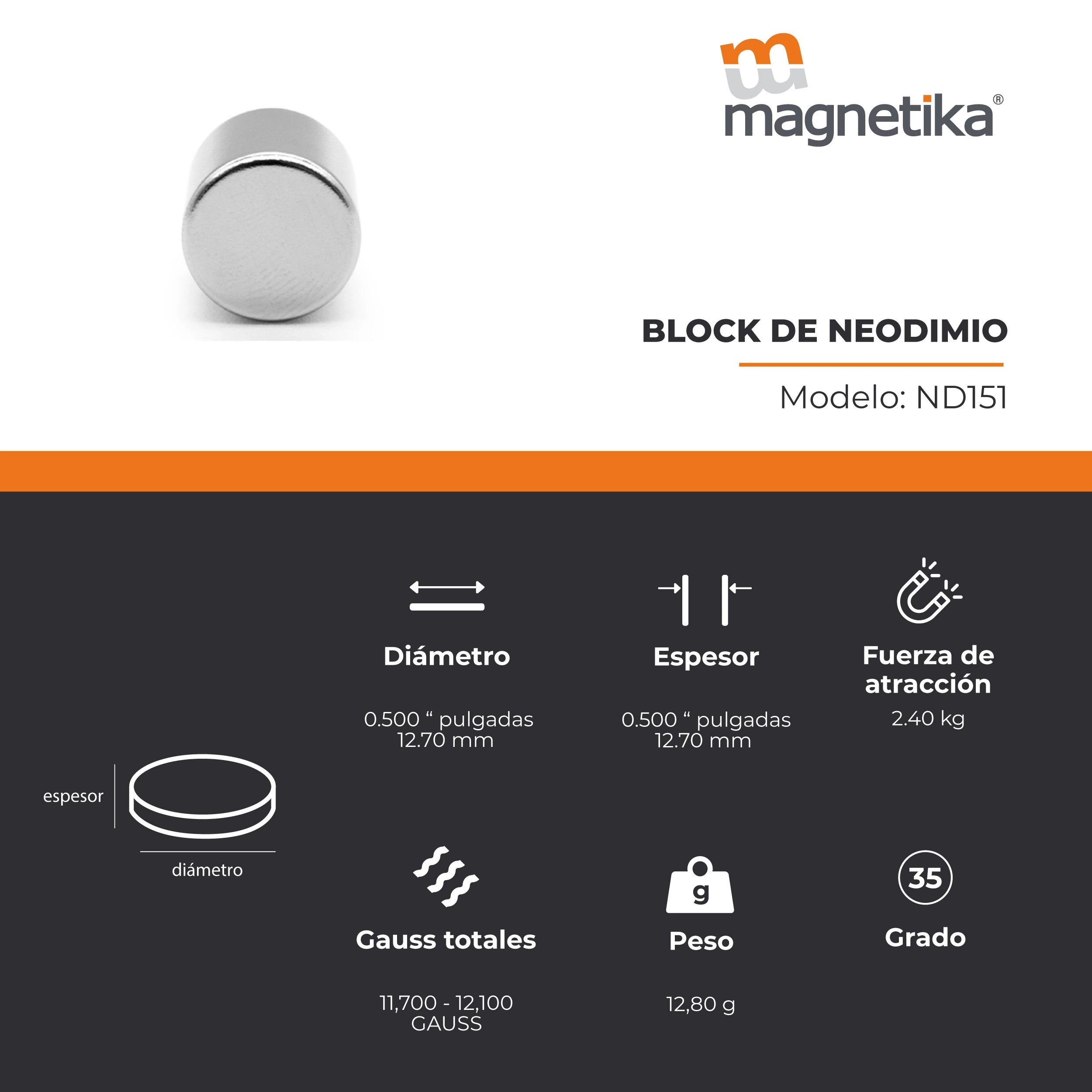 Imán de Neodimio Disco 0.5 x 0.5 in