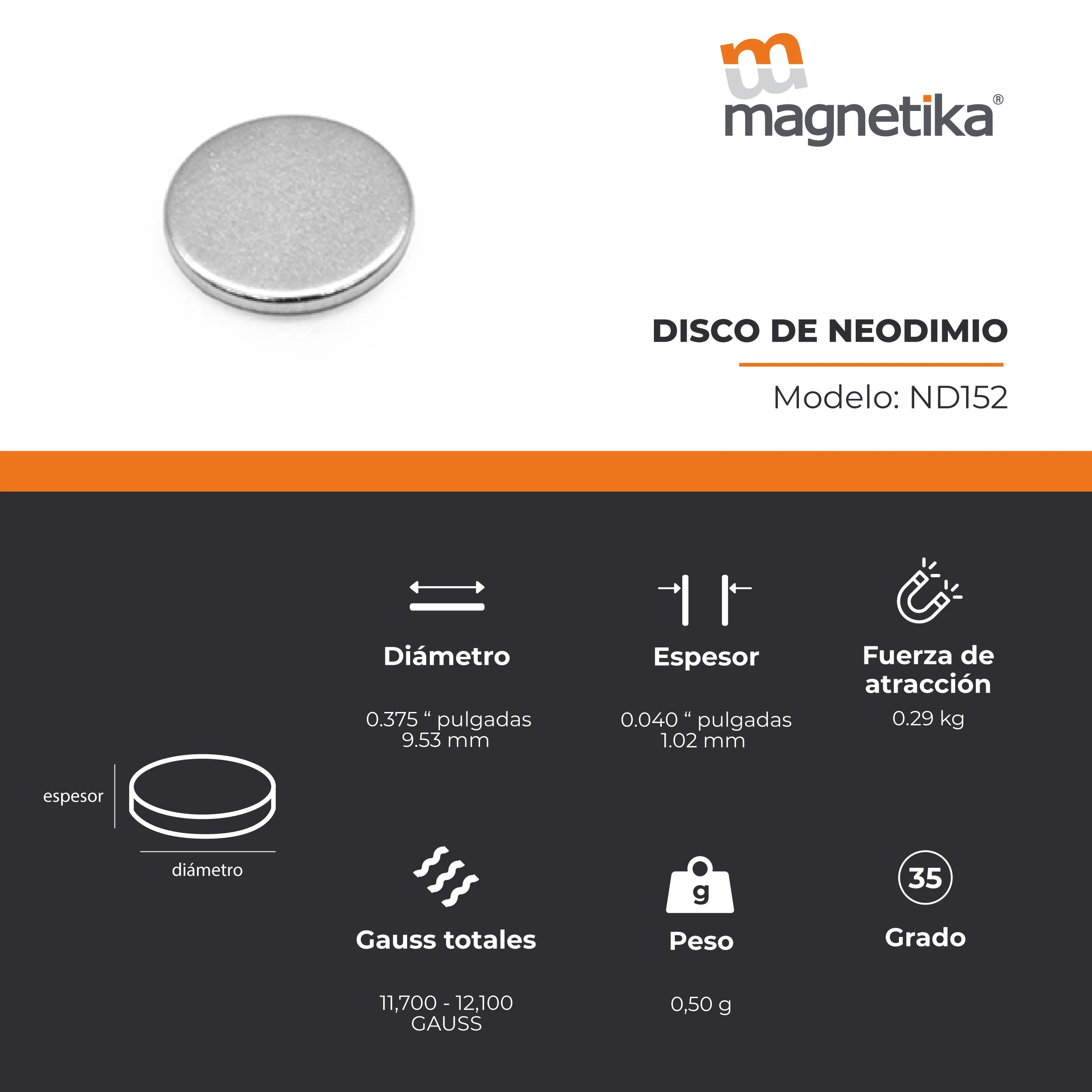 Imán de Neodimio Disco 0.375 x 0.04 in