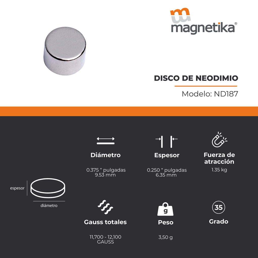 Imán de Neodimio Disco 0.375 x 0.25 in