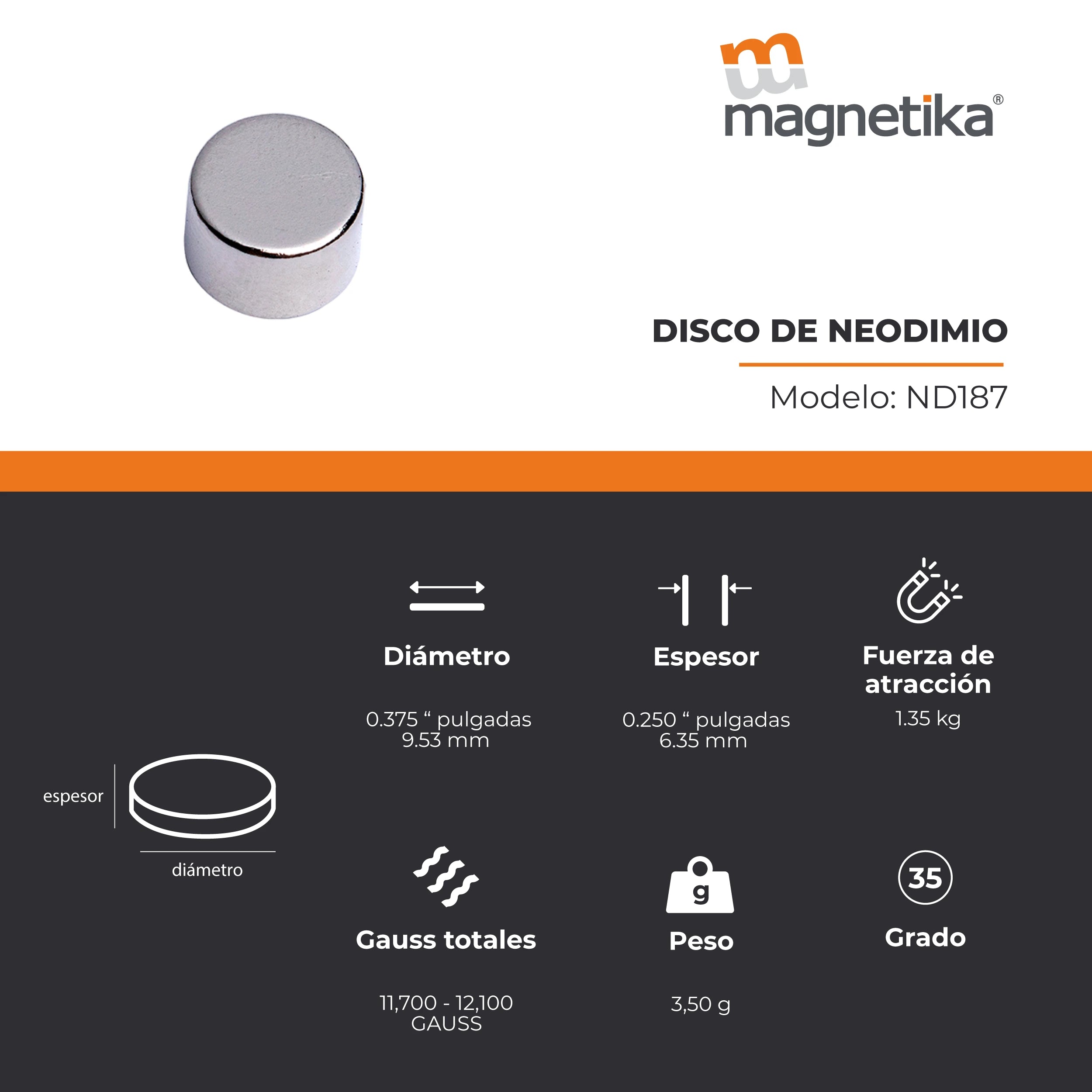 Imán de Neodimio Disco 0.375 x 0.25 in