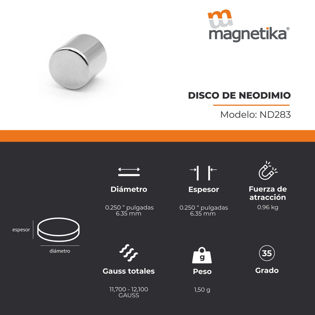 Imán de Neodimio Disco 0.25 x 0.25 in
