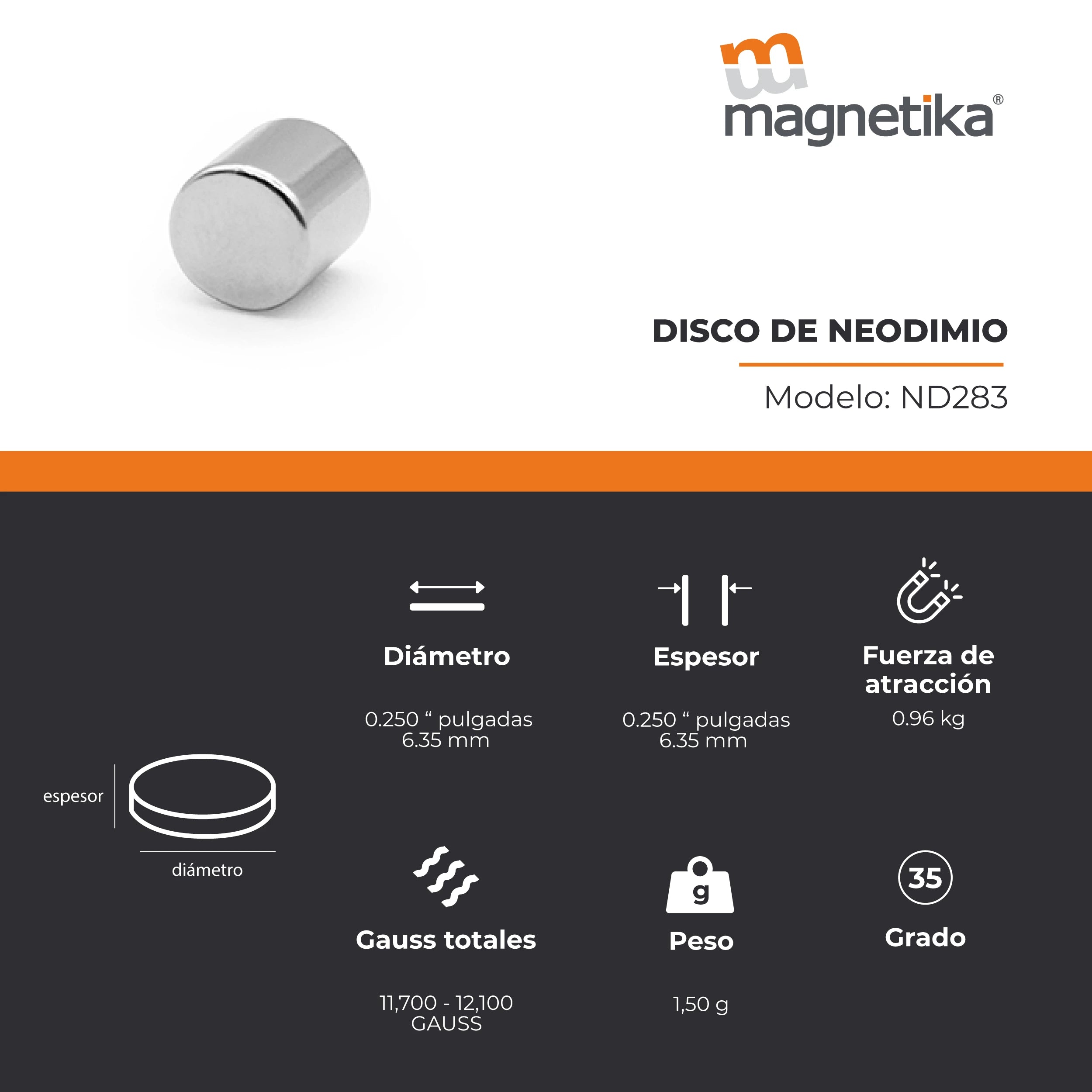 Imán de Neodimio Disco 0.25 x 0.25 in