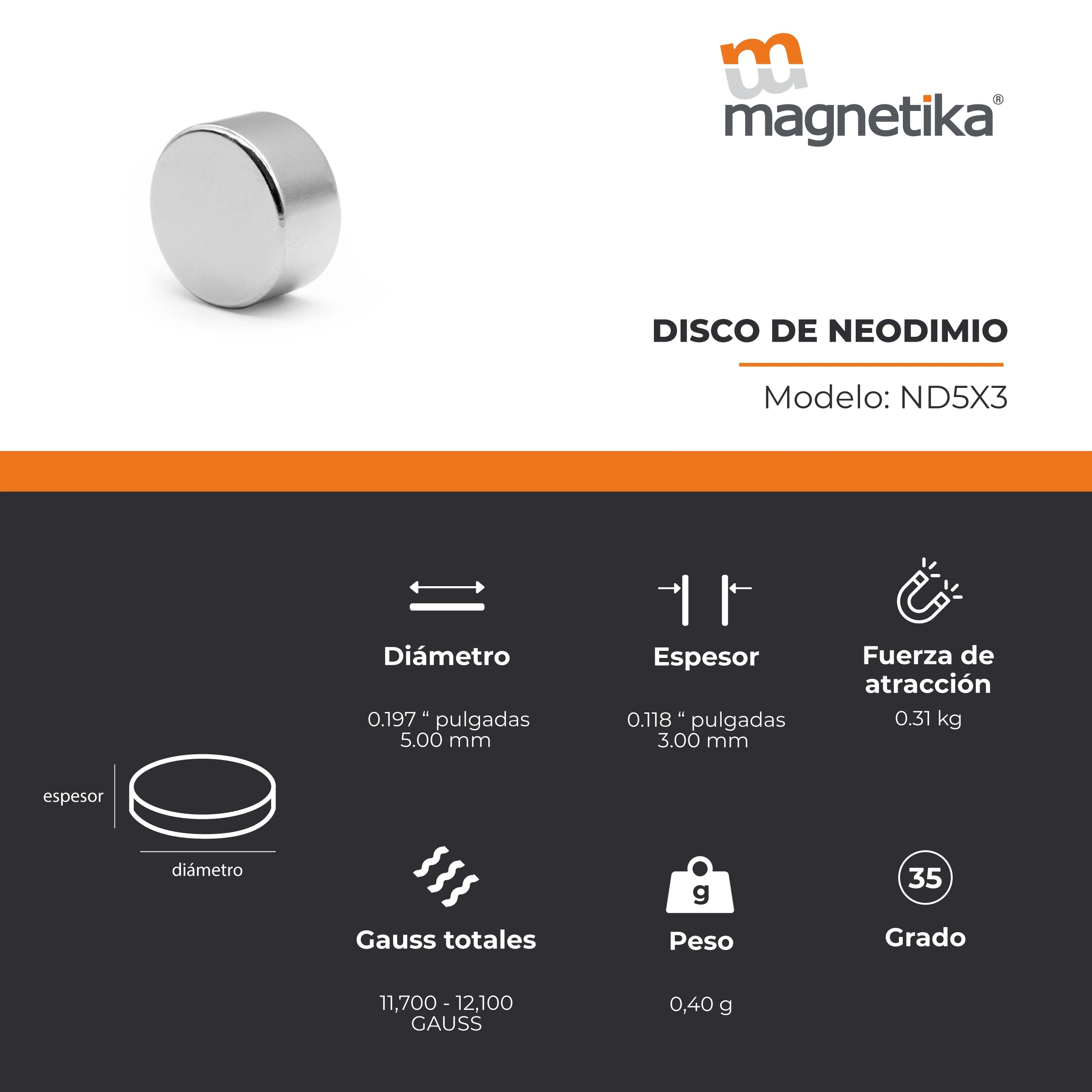 Imán de Neodimio Disco 0.197 x 0.118 in