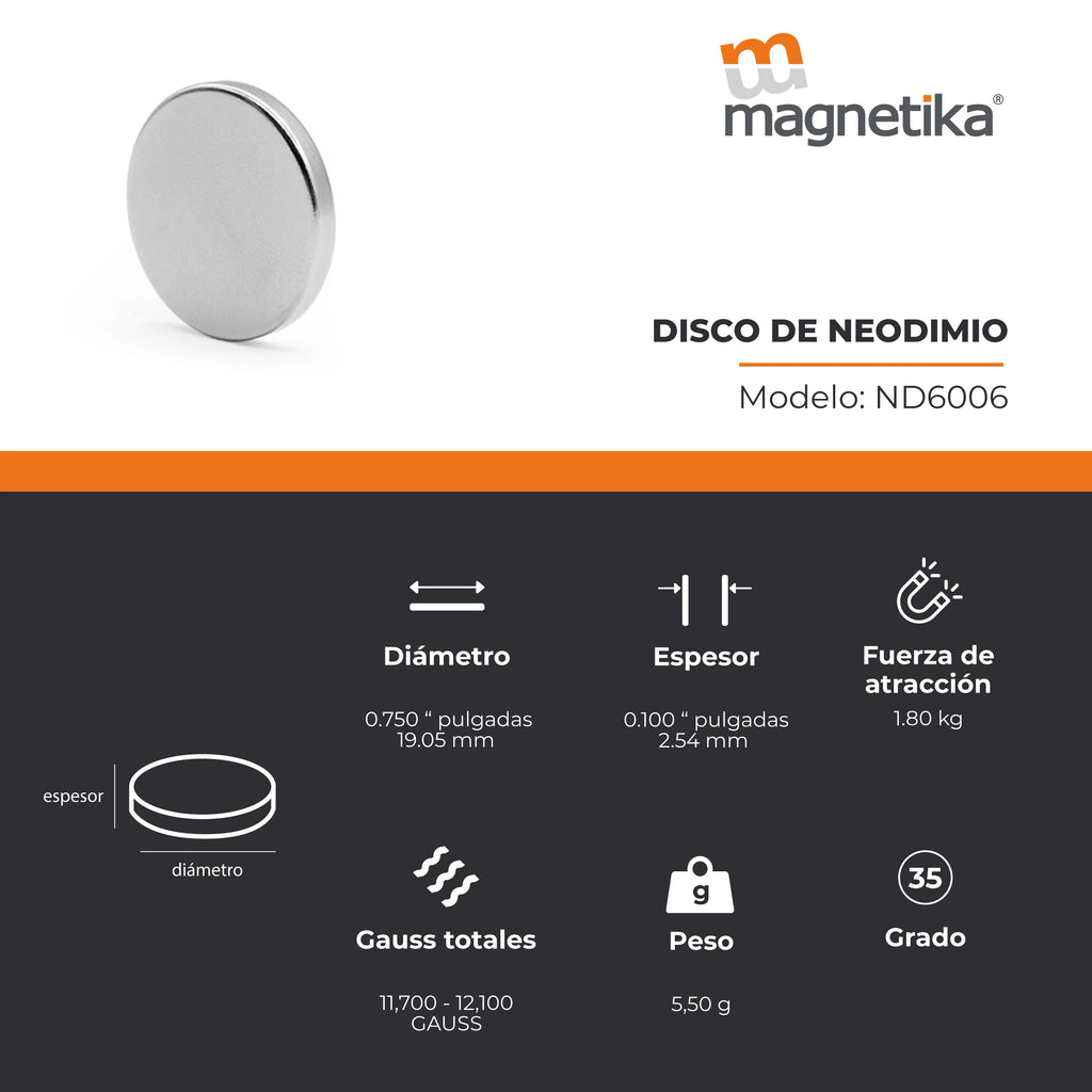 Imán de Neodimio Disco 0.75 x 0.1 in