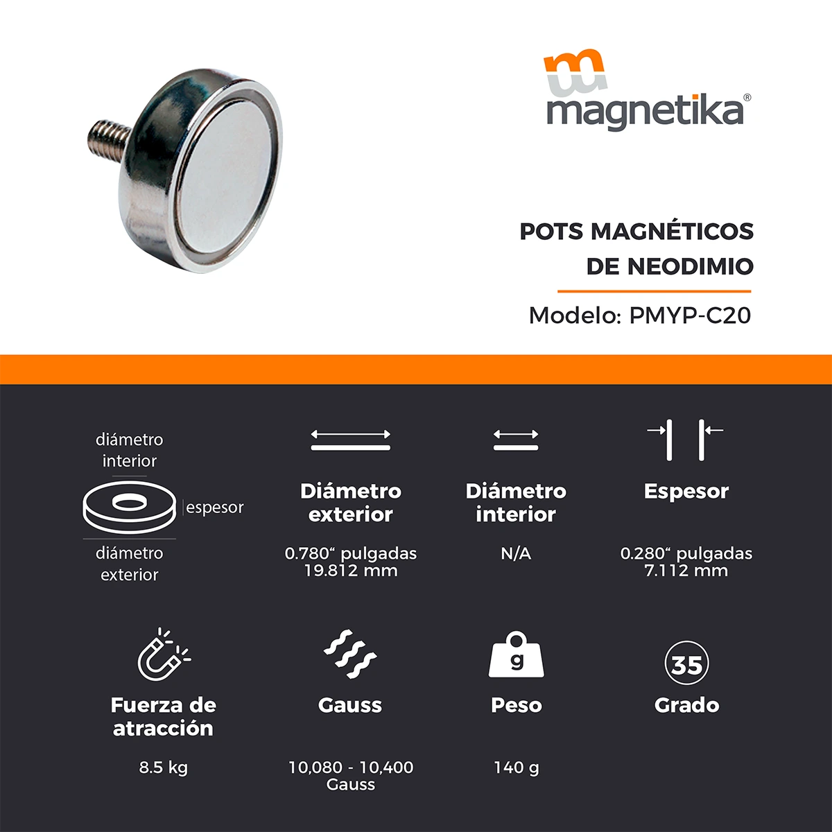 Pod Magnético con Imán de Neodimio 20mm x 7mm