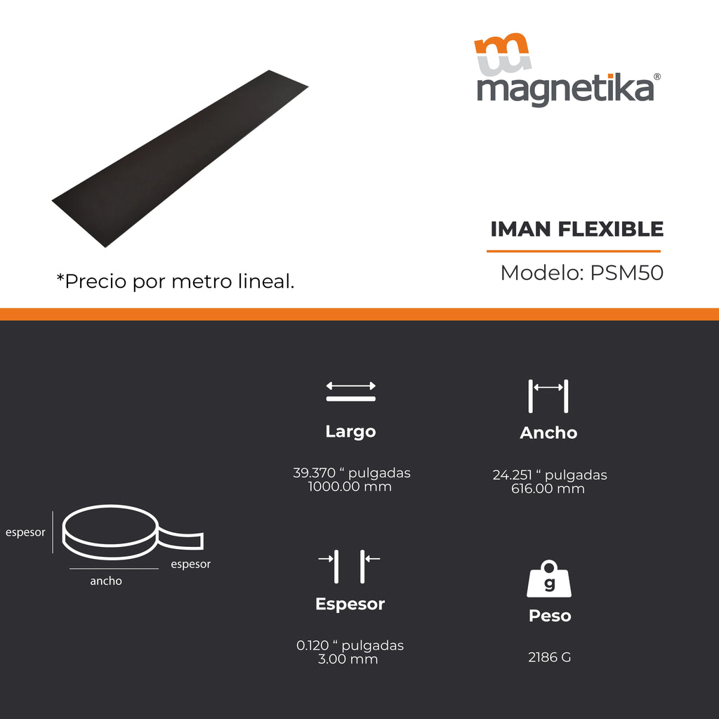 Imán Flexible Plano 200mm x 3mm (1 metro)