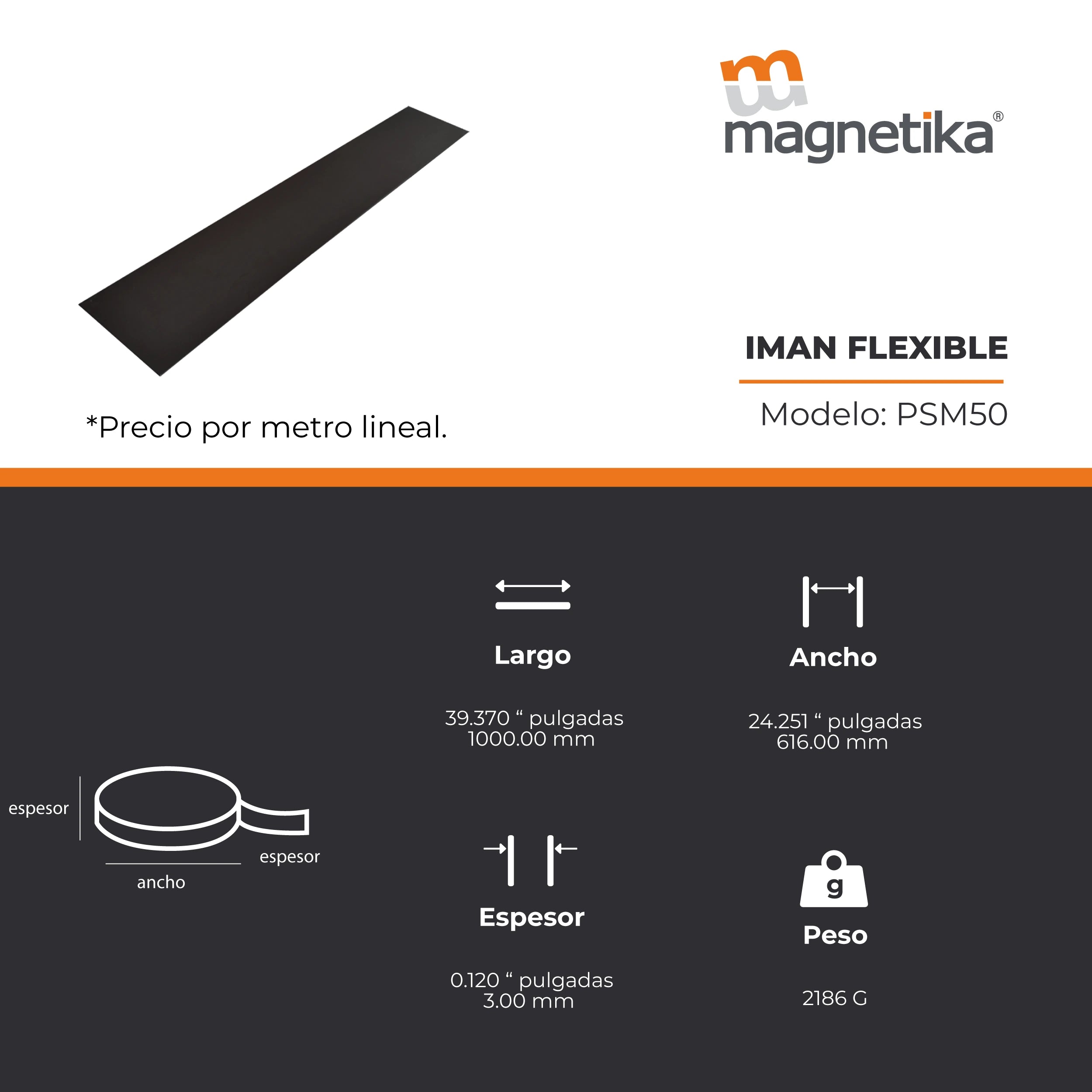 Imán Flexible Plano 200mm x 3mm (1 metro)