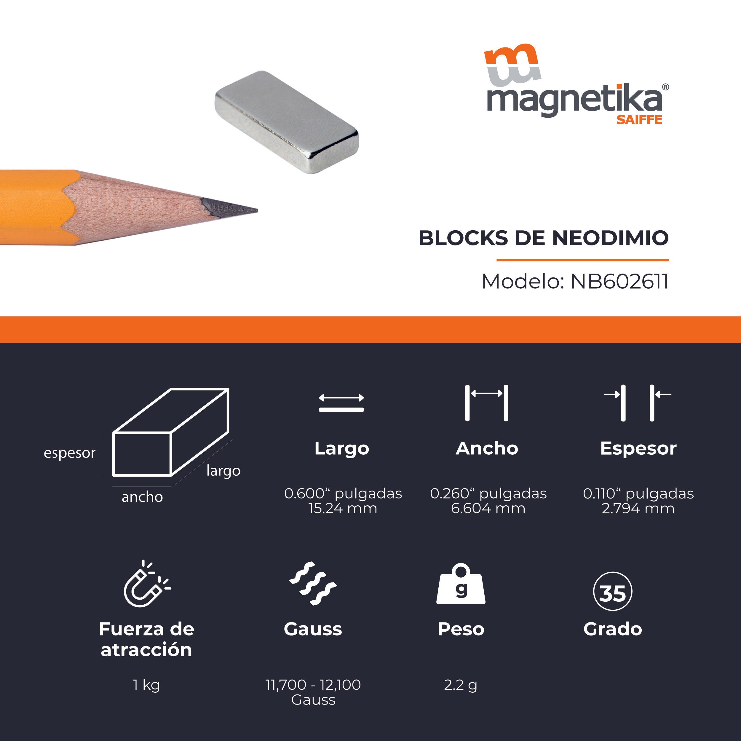 Iman De Neodimio Block 0.6" X 0.26" X 0.11"